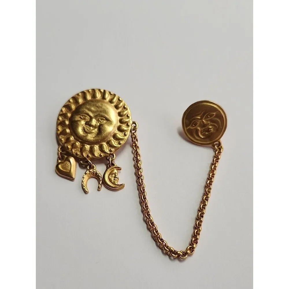 Vintage Gold Sun Face Chain Brooch with Charms With Attached Moon Pin